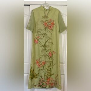 Light Green Floral Maxi Dress with Pink Bloom Details